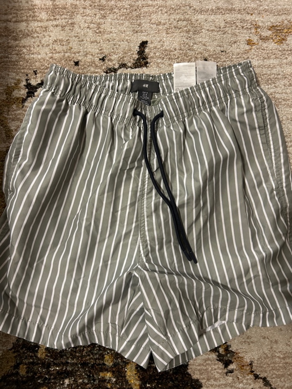 H&M Olive Green and White Vertical Stripe Swim Shorts